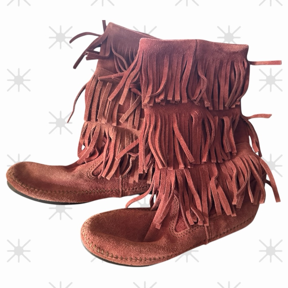 Fringe Suede Moccasin Boots - Brown